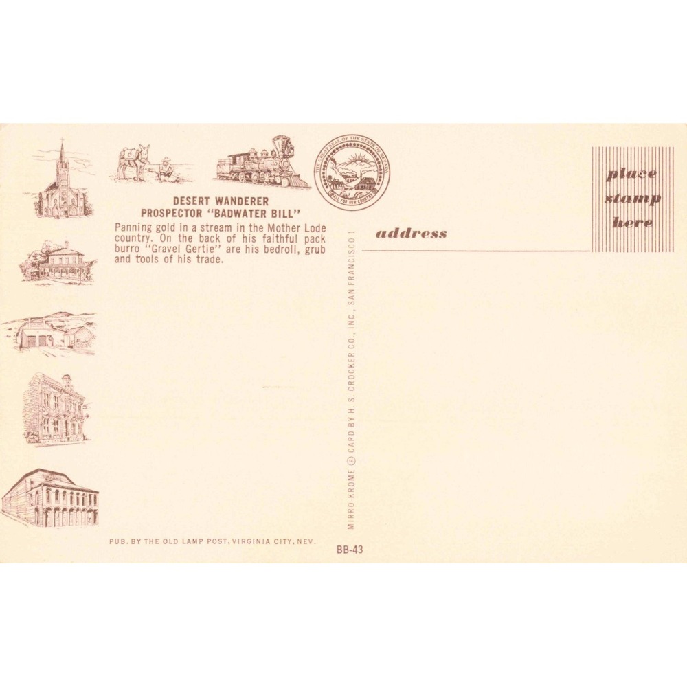 Vintage Badwater Bill Prospector Panning Gold Burro Postcard BB-43 Nevada VG+ - Picture 2 of 2